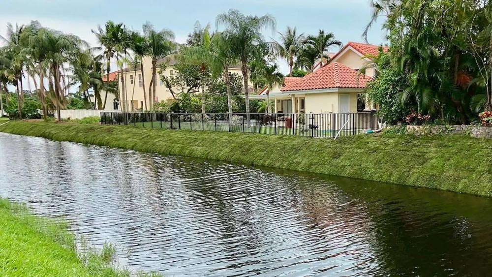 a canal behind Florida homes with clean grassy shoreline after maintenance